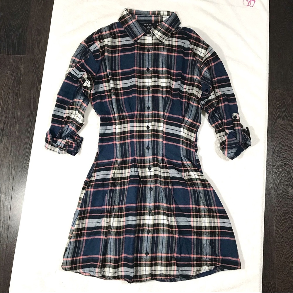 Plaid Long Sleeve Button Down Mini Dress in Blue - Picture 7 of 14